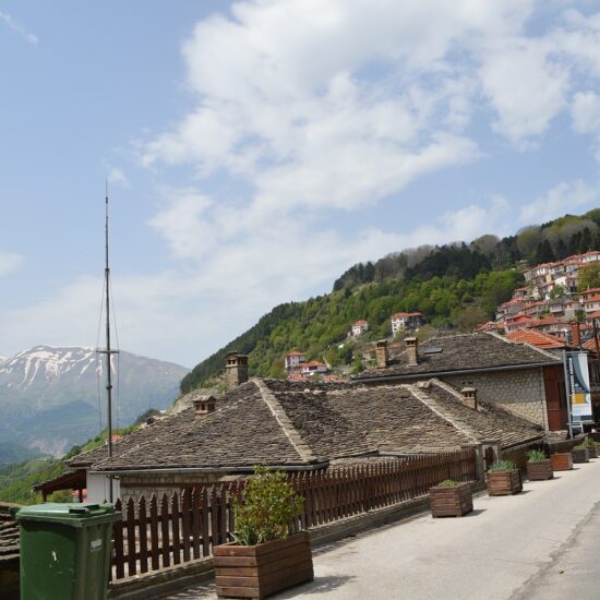 mountains, village, town